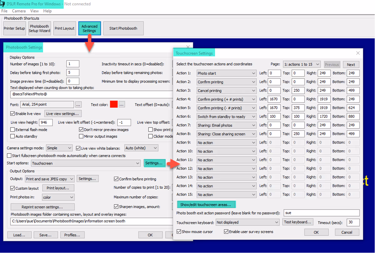 Flow to access the touchscreens to edit touchscreen actions (Breeze DSLR Remote Pro 3.14.3)