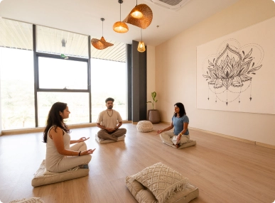 Three people meditate on cushions in a bright, minimal room with wooden floors, hanging lights, a large window, and a decorative lotus wall art at DevX Gift city.