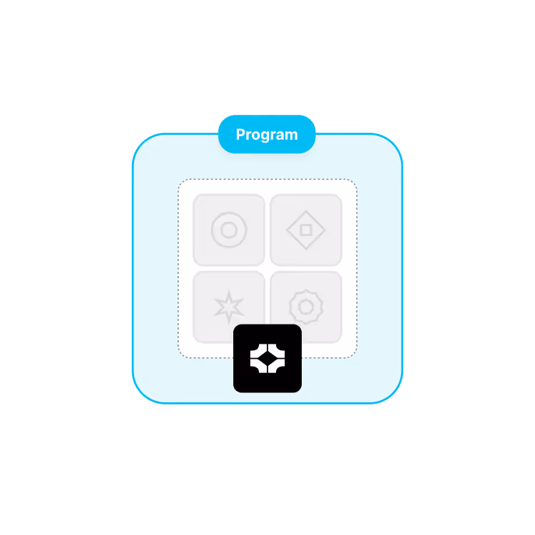 Blue square with rounded corners labeled 'Program' containing four grey icons and a black icon at the bottom center.