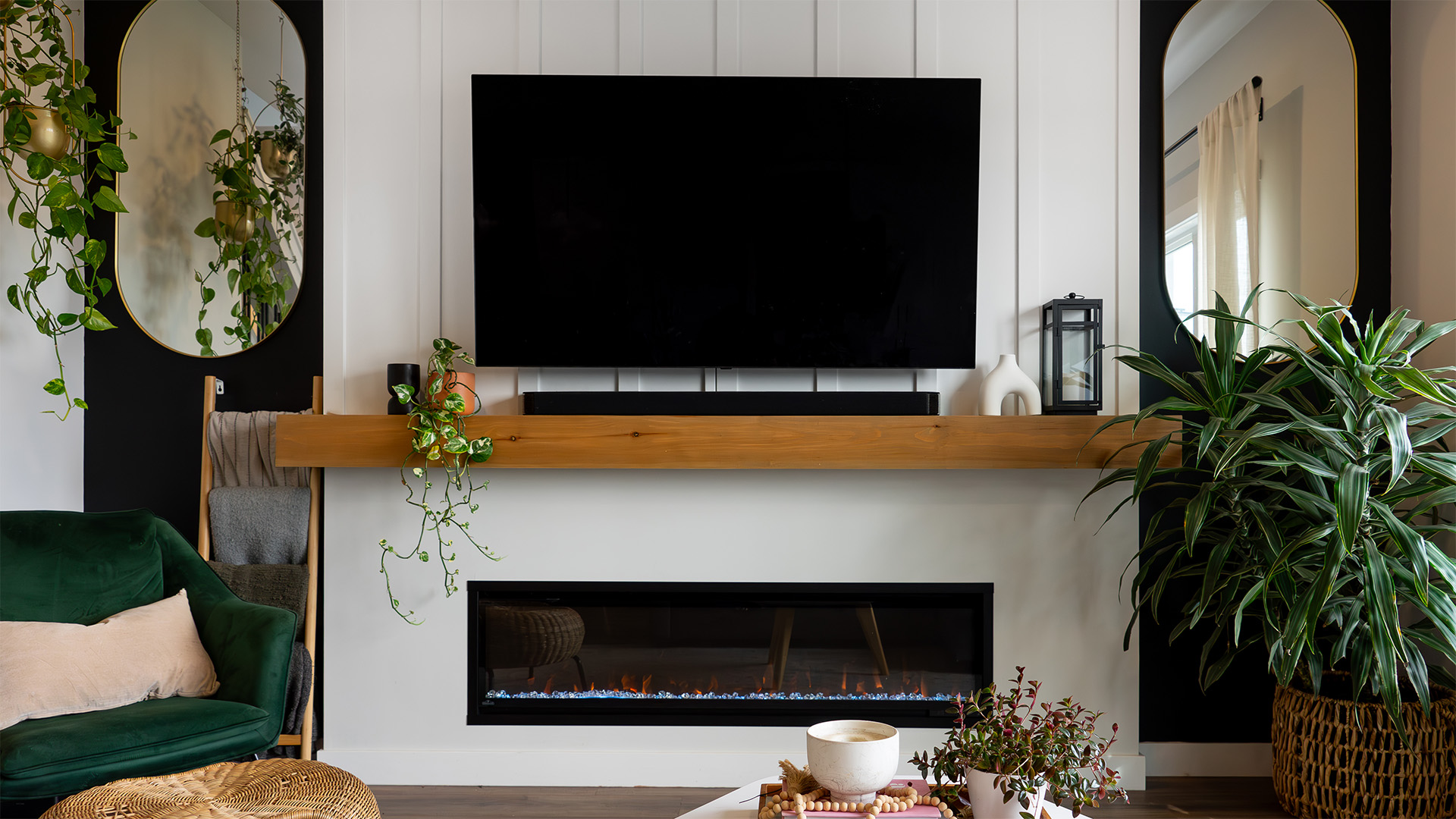 Beautiful custom box beam mantel with real end grain caps. Made from solid wood. Adding character, warmth and sophistication to this living space.