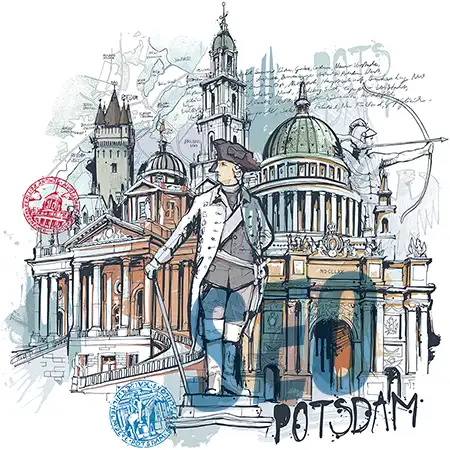 Artistisches Schaubild mit Wahrzeichen von Potsdam mit der Aufschrift SEO Potsdam.