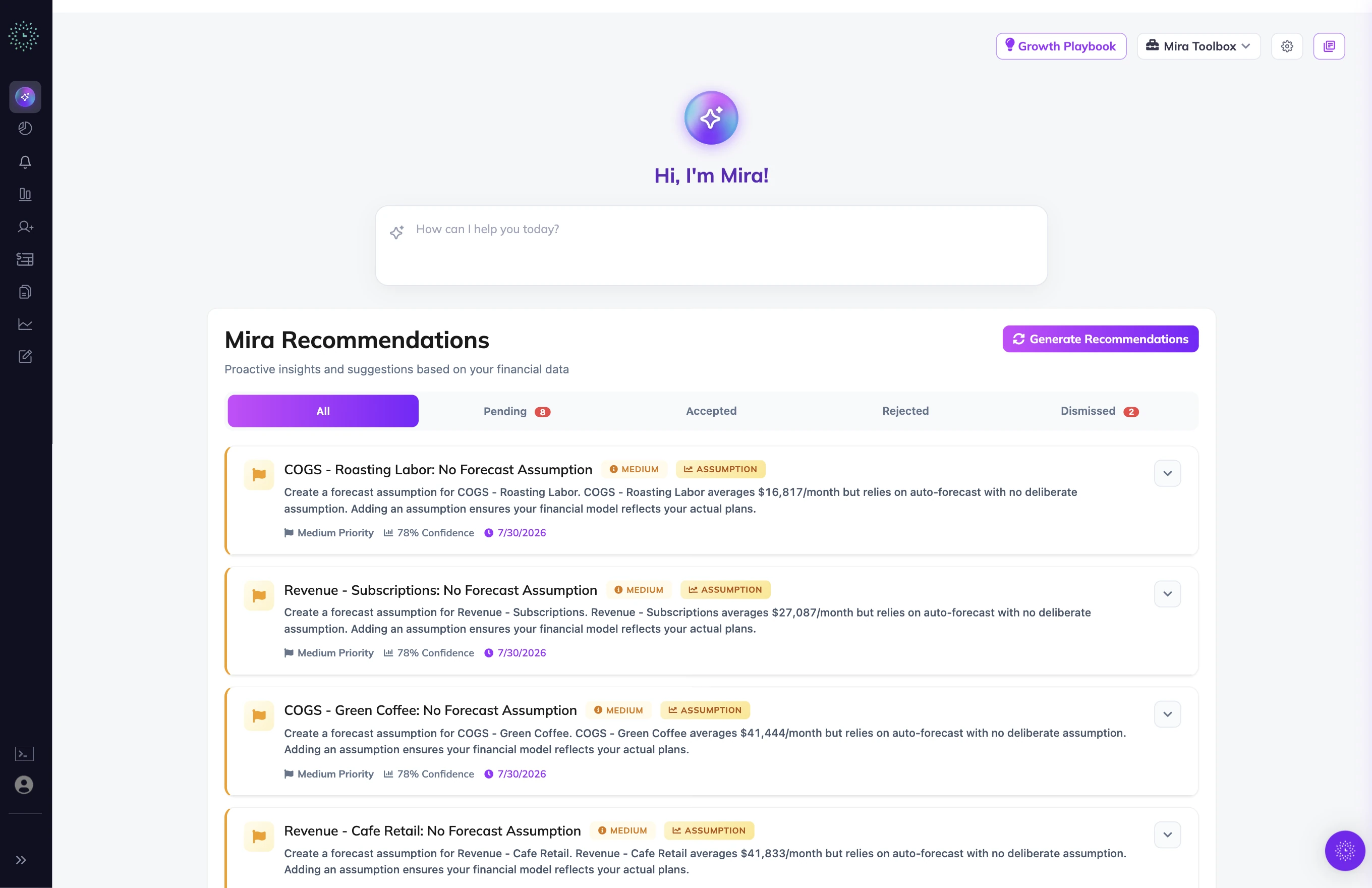 Mira, Clockwork's AI FP&A analyst, with prioritized recommendations from live financials