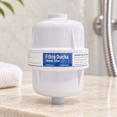 Filtre douche présenté dans une salle de bains