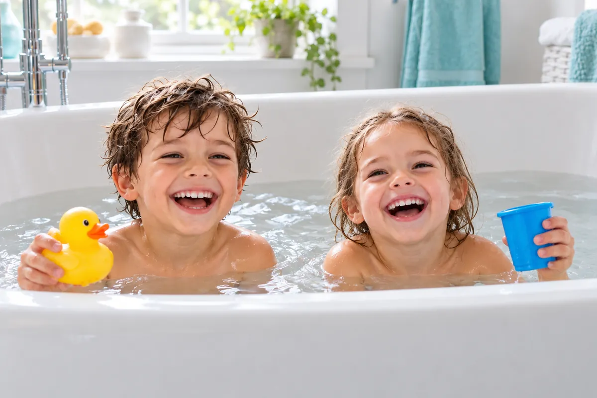 Deux enfants souriants jouent dans l’eau du bain avec un canard jaune et un gobelet bleu