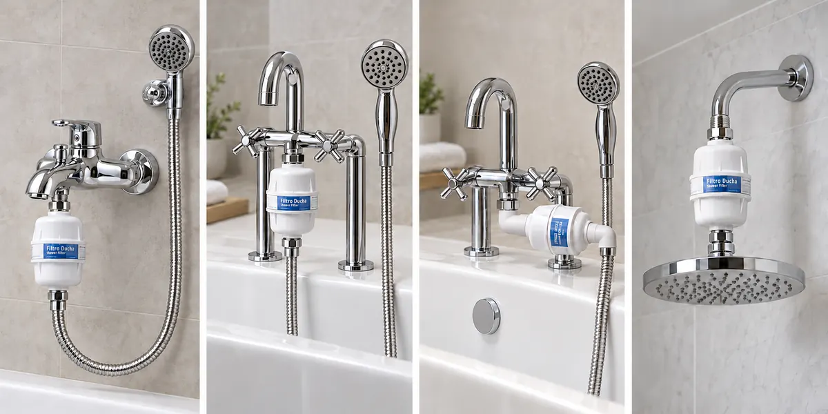 Quatre exemples d’installation du filtre douche Shower Filter : sur mitigeur mural, sur baignoire en position verticale ou horizontale et avant une douche de tête