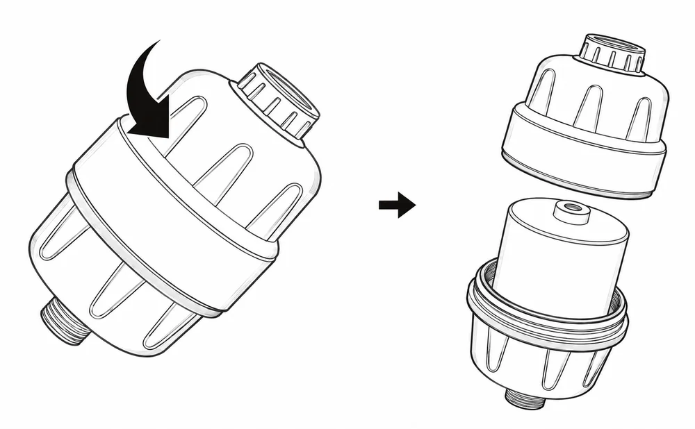 Ouverture du boîtier du filtre douche pour accéder à la cartouche remplaçable.