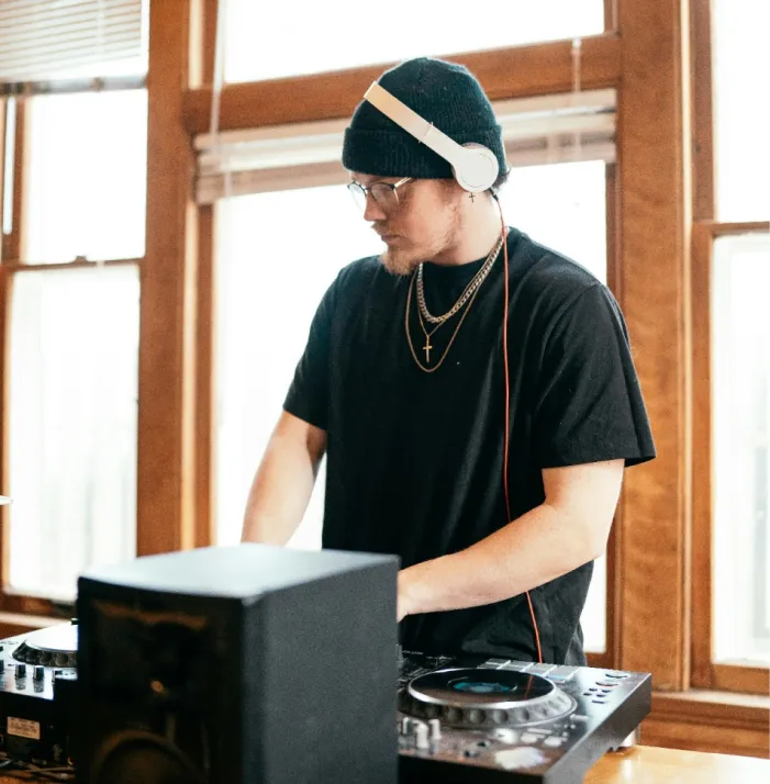a closeup of a dj black t shirt