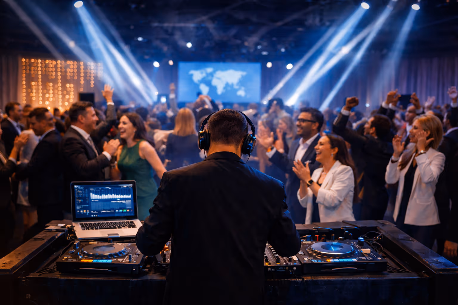 Professional DJ partying with Corporate crowd