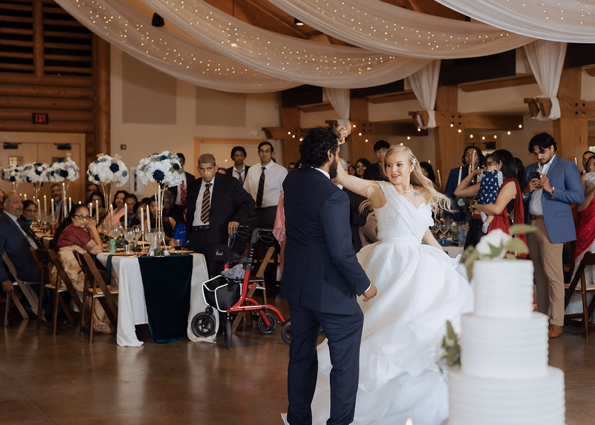 A bride and groom dancing the night away on the dance floor.