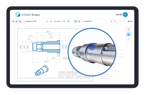 A computer screen displays a drawing of a metal pipe with a blue circle over it. - CADDi Drawer Images