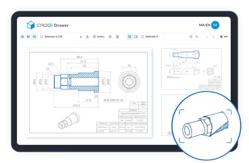 A computer screen with a blue circle around a drawing of a pipe. - CADDi Drawer Images