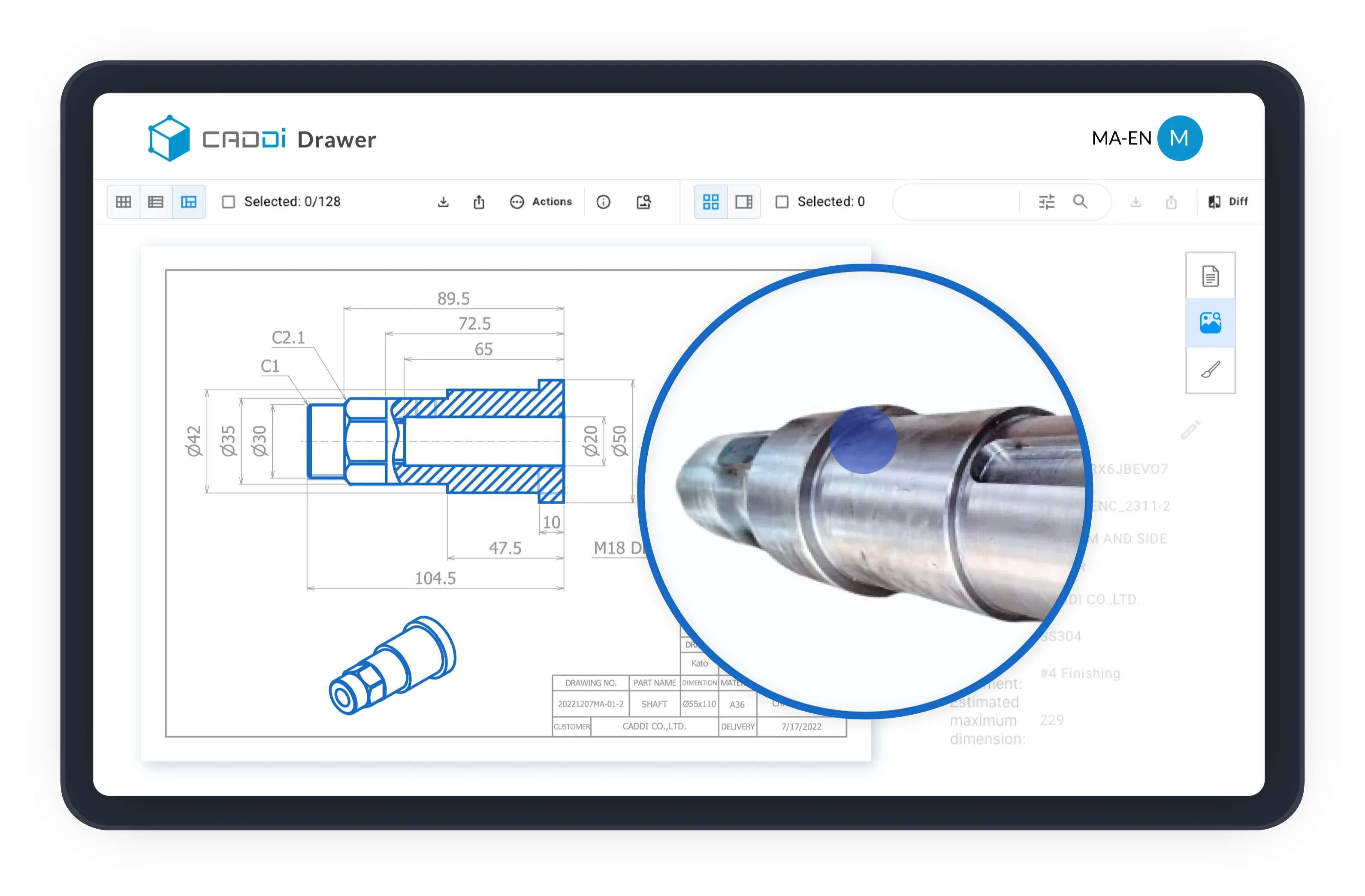 A computer screen displaying a drawing of a pipe with a blue circle over it. - CADDi Images