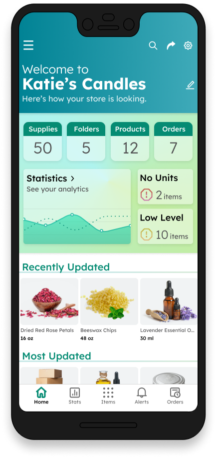 Frame for the dashboard of this supply tracking mobile app. The dashboard has widgets for the number of supplies, folder, products, and orders, as well as widgets underneath for statistics, items with no items, and items with low levels. Below are carousels for recently updated products and most updated products.