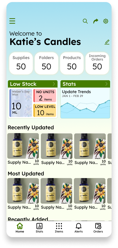 Third iteration of the dashboard design. The background is now a pastel blue and mint green. There are individual widgets for supplies, folders, products, and incoming orders. The statistics widget has been modified to show a line graph design. The supplies in the below carousels are not outlined on a background.