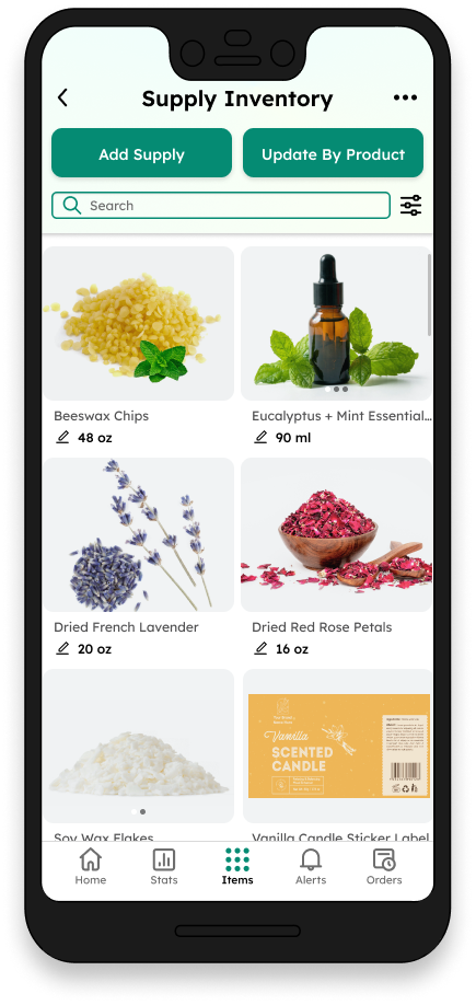 Frame for the supply inventory for this supply tracking mobile app. Under the heading "Supply inventory" are two buttons for "Add Supply" and "Update by Product", as well as a search bar and a sort/filter button. Two columns show various candle making supplies with their labels and current amounts and units.