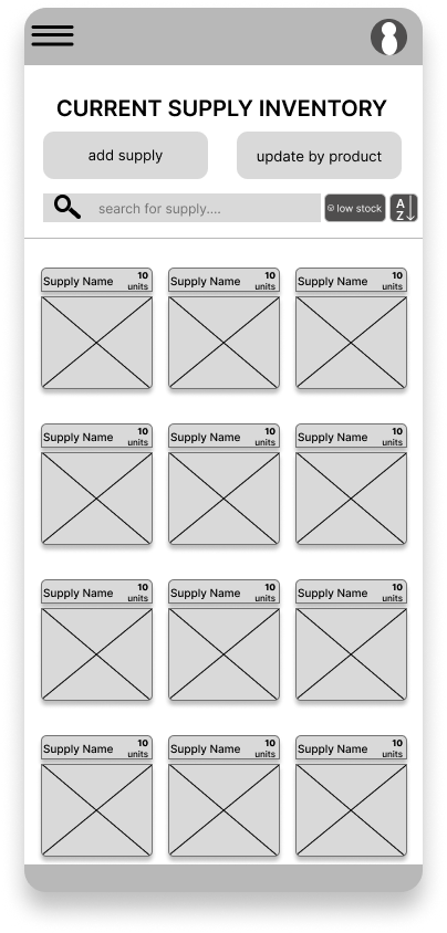 Wireframe for the supply inventory for this supply tracking mobile app. Under the heading "Current Supply inventory" are two buttons for "Add Supply" and "Update by Product", as well as a search bar and a sort/filter button. Three columns show various candle making supplies with their labels and current amounts and units.
