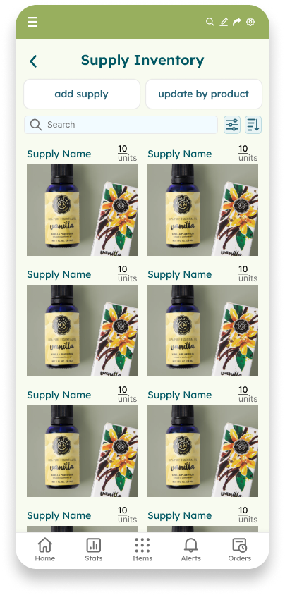 First iteration for the supply inventory for this supply tracking mobile app. Under the heading "Current Supply inventory" are two buttons for "Add Supply" and "Update by Product", as well as a search bar and a sort/filter button. Three columns show various candle making supplies with their labels and current amounts and units. The color scheme includes light green and teal.