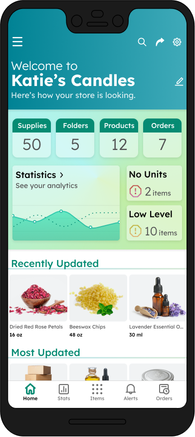 Frame for the dashboard of this supply tracking mobile app. The dashboard has widgets for the number of supplies, folder, products, and orders, as well as widgets underneath for statistics, items with no items, and items with low levels. Below are carousels for recently updated products and most updated products.
