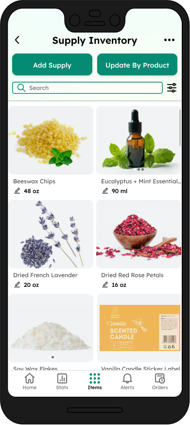 Frame for the supply inventory for this supply tracking mobile app. Under the heading "Supply inventory" are two buttons for "Add Supply" and "Update by Product", as well as a search bar and a sort/filter button. Two columns show various candle making supplies with their labels and current amounts and units.