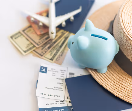 Blue piggy bank on a straw hat with plane tickets, passport, US dollar bills, and toy airplane in background.