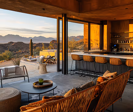 Outdoor lounge and bar area with wicker seating and mountain view at sunset.