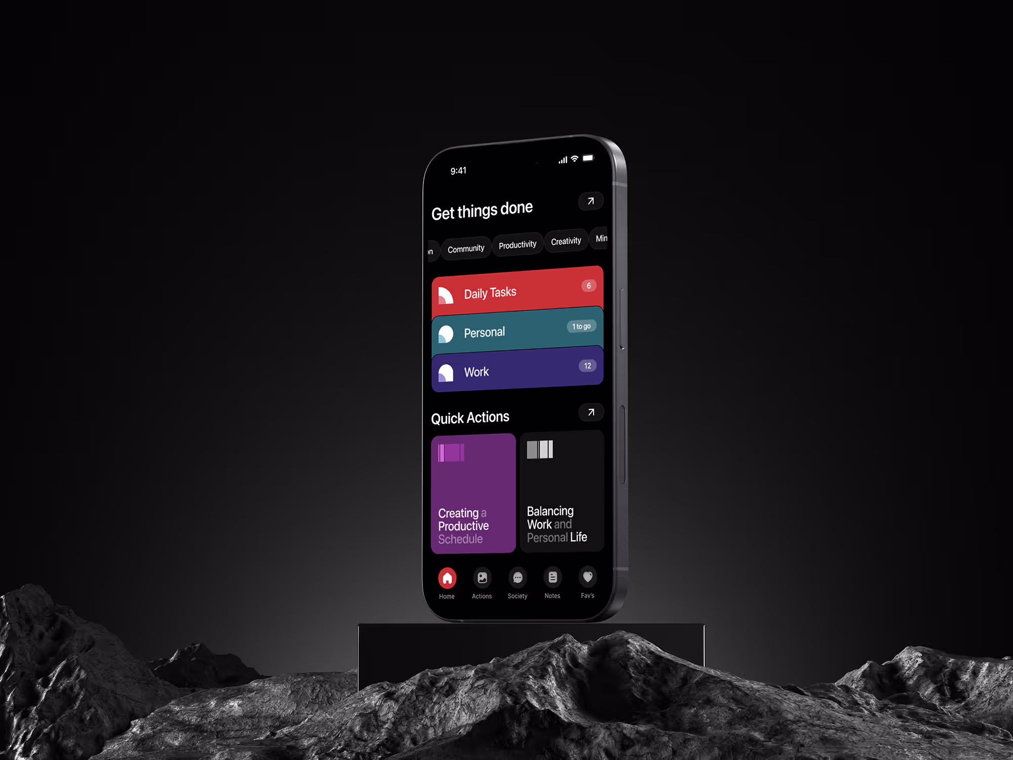 Black smartphone floating above a dark textured surface displaying a productivity app with task categories and quick action cards.