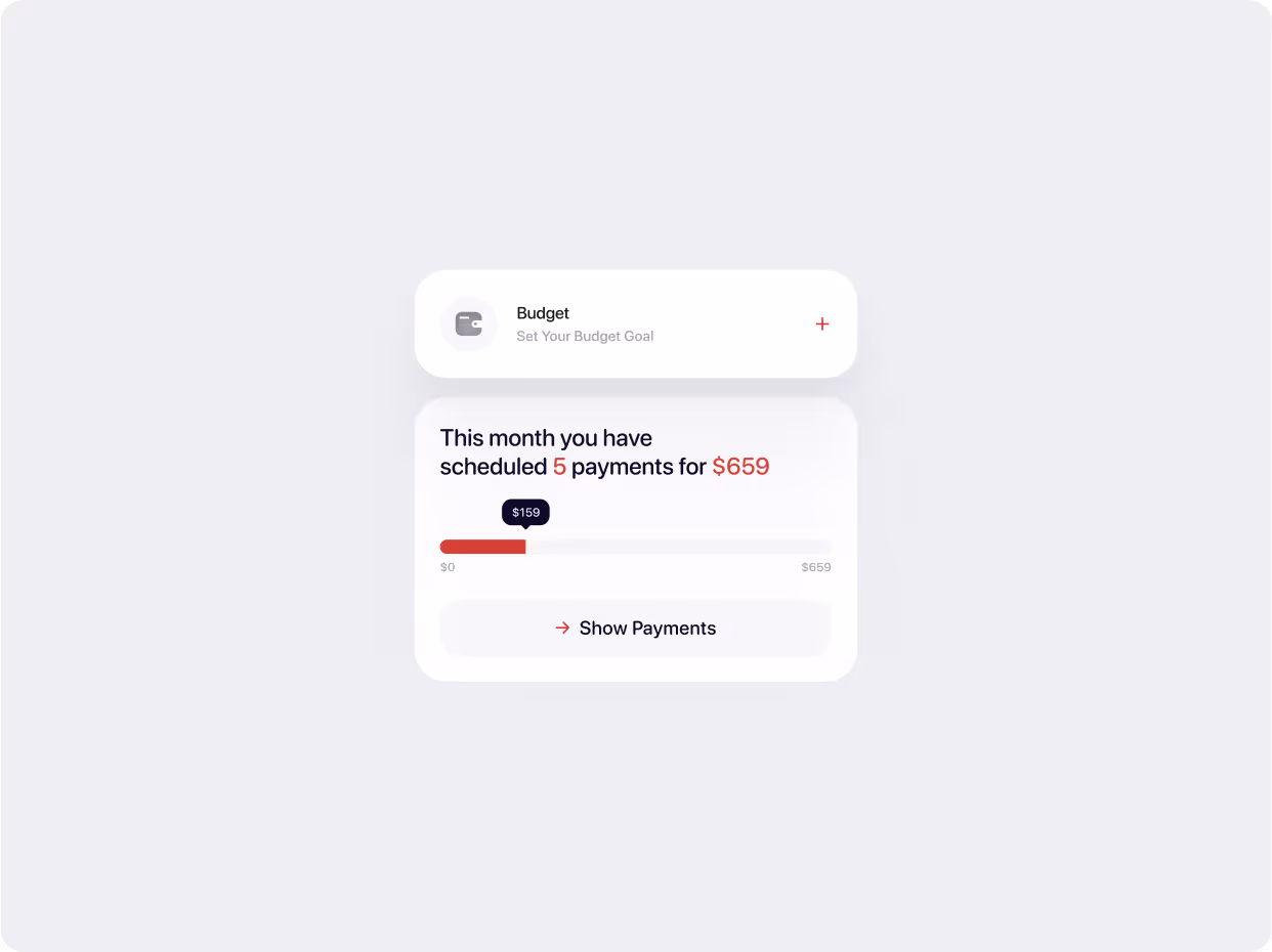 Budget tracker showing 5 scheduled payments totaling $659, with a progress bar indicating $159.