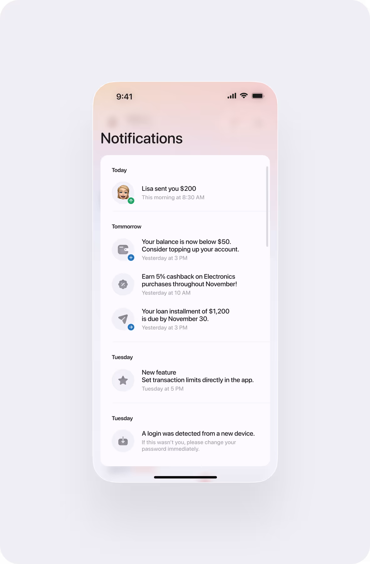 Smartphone screen showing notifications including a $200 payment from Lisa, low balance alert, 5% cashback on electronics, loan installment due, new transaction limits feature, and new device login alert.