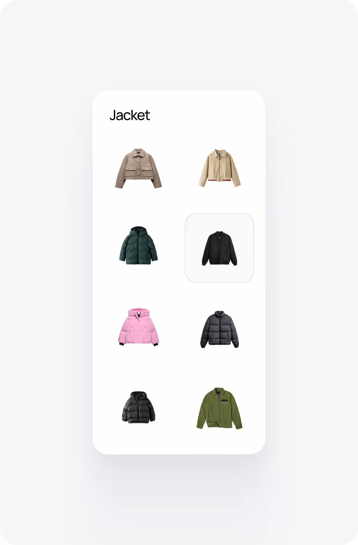 Grid of eight jackets in various styles and colors, including beige, green, black, pink, gray, and olive green, arranged on a white background with the title 'Jacket'.