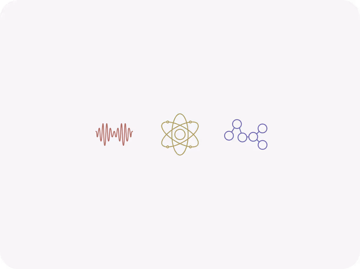 Three minimal line icons representing a sound wave, an atomic structure, and a molecular structure.