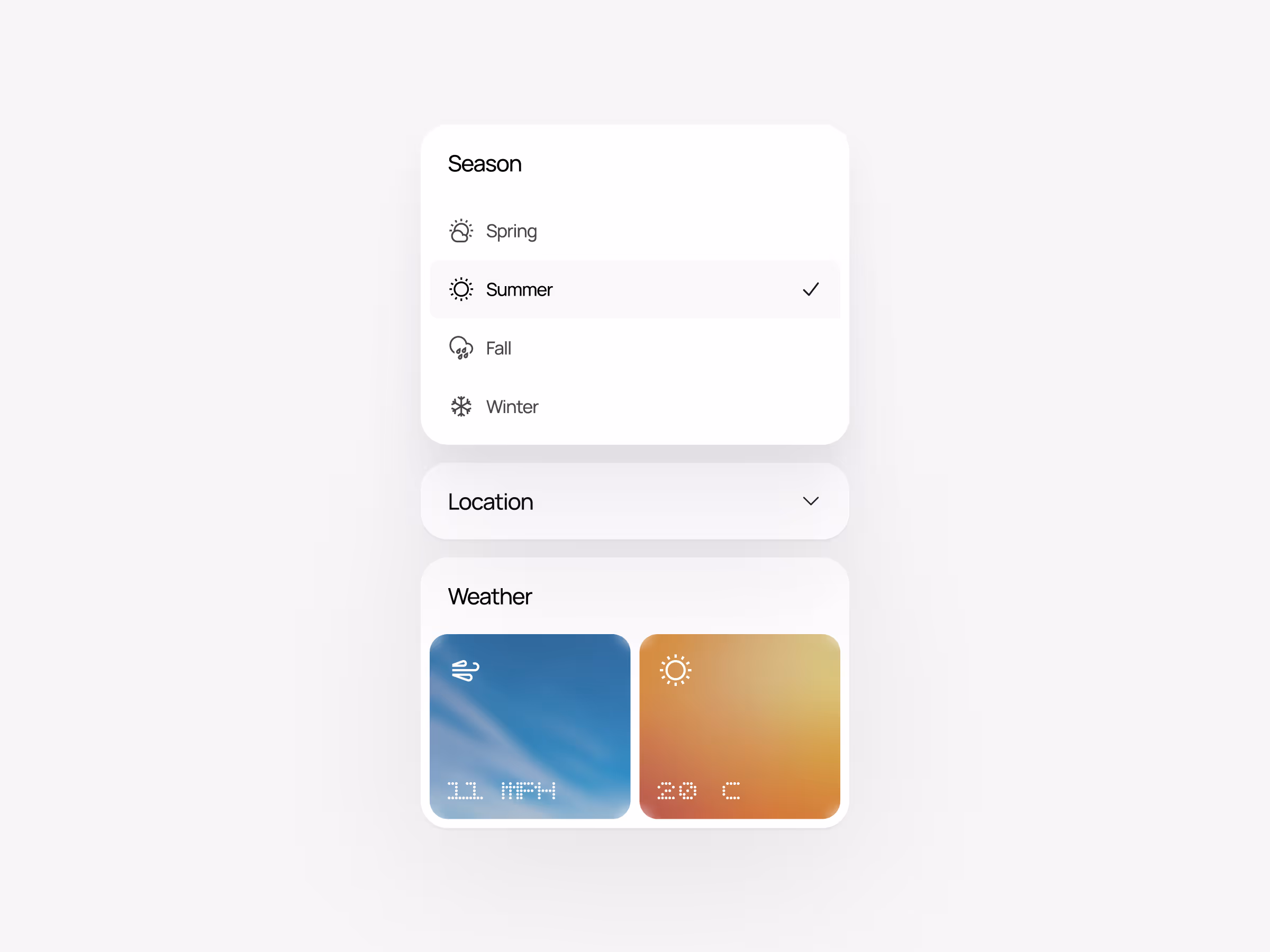 User interface showing season selection with summer checked, a location dropdown menu, and weather cards displaying 11 MPH wind and 20°C temperature.