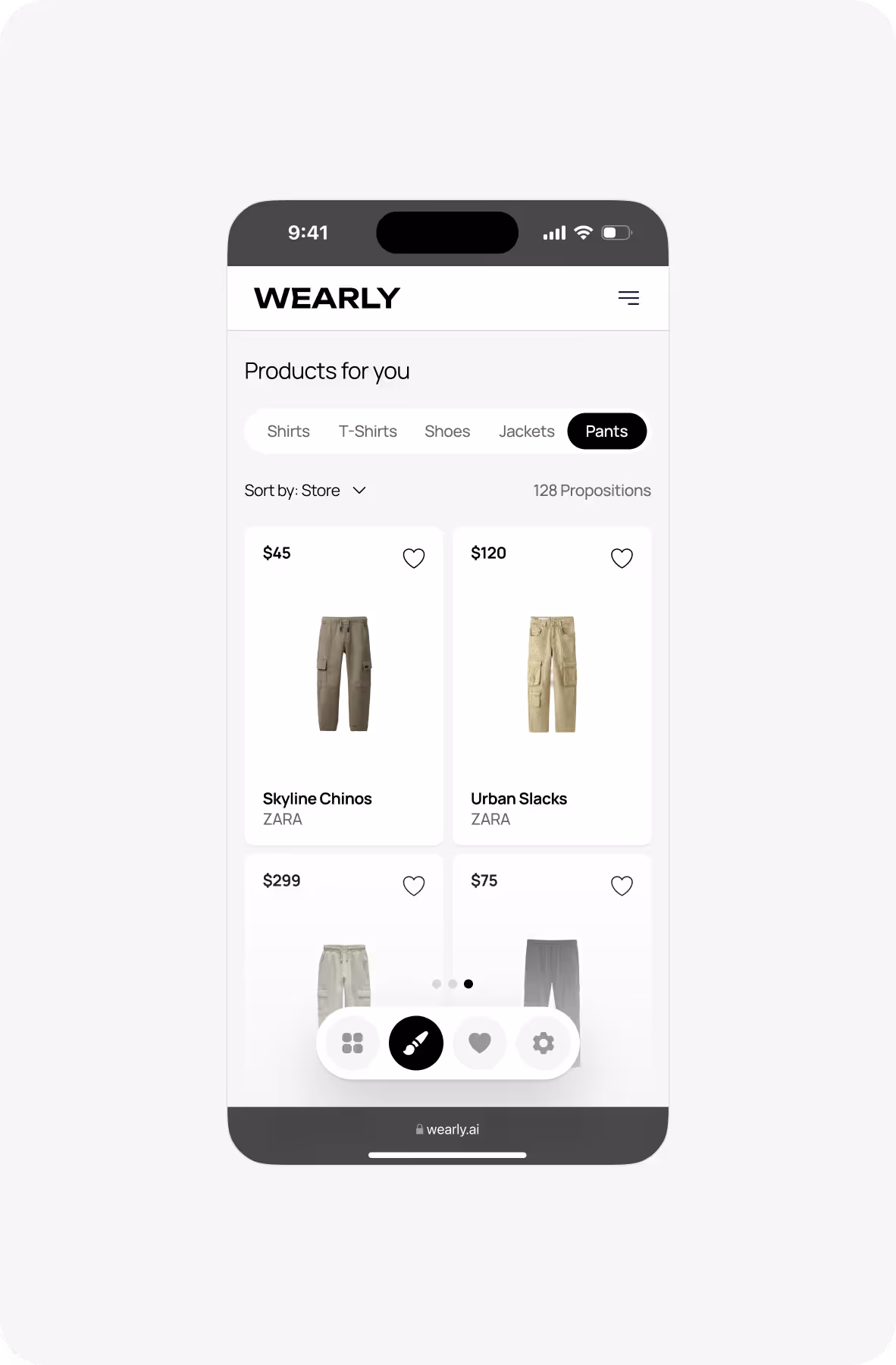 Mobile screen showing Wearly app with pants category selected displaying four pairs of pants with prices and Zara brand.