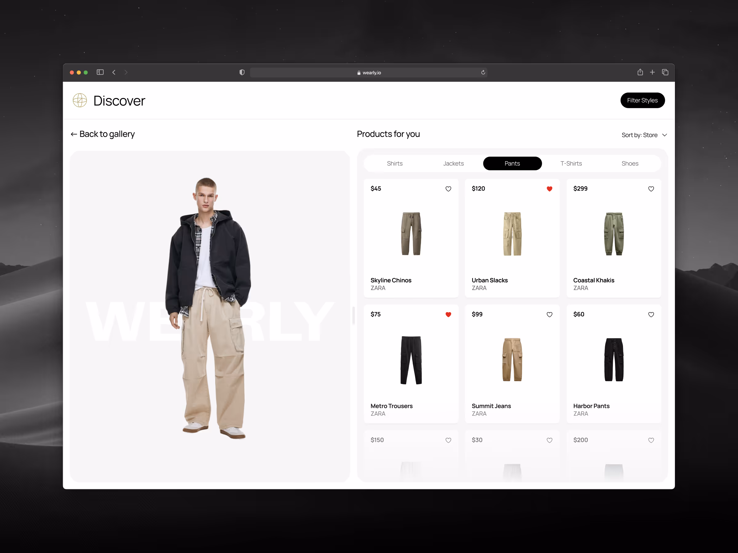 Online store webpage showing a male model wearing beige cargo pants and a black jacket, with a product list of various pants from Zara on the right side.