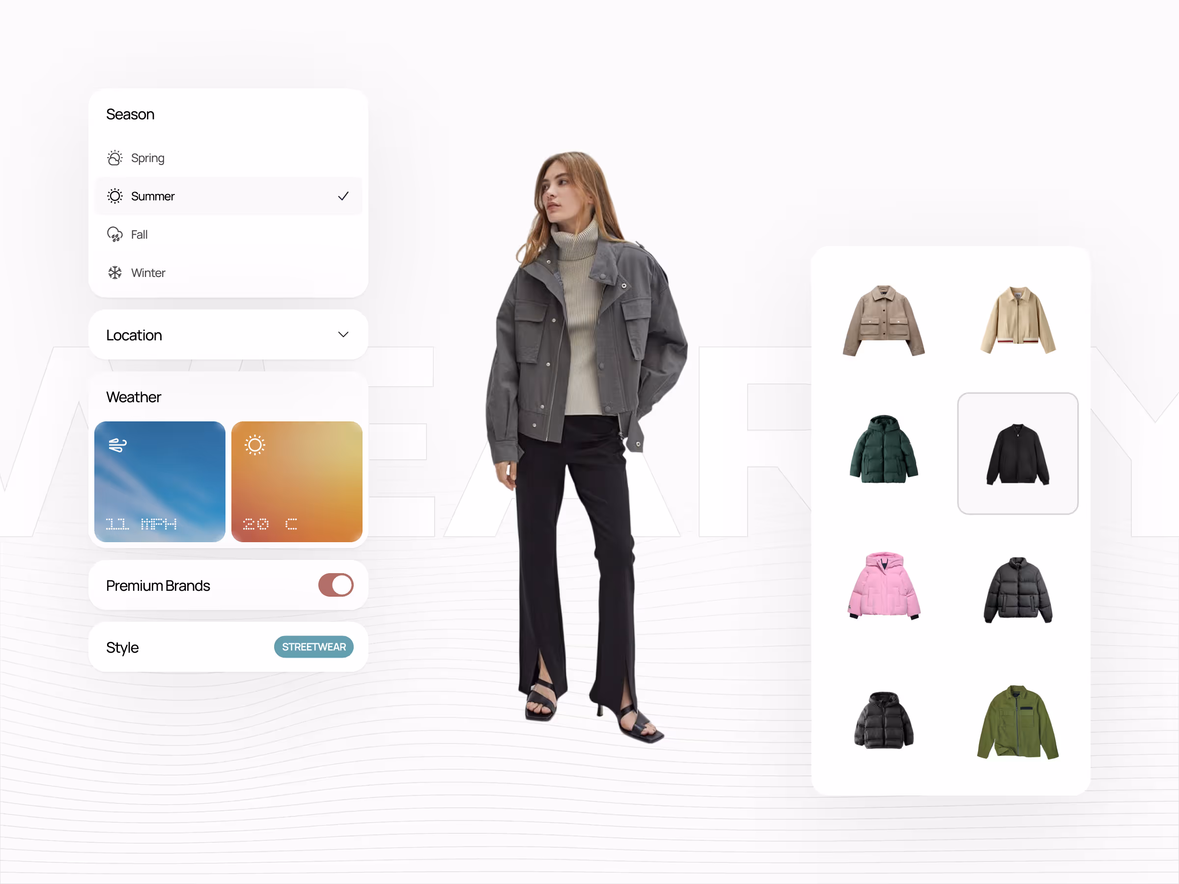 Fashion interface showing a woman wearing a gray jacket and black pants surrounded by clothing selection menus for season, location, weather, premium brands, style, and various jackets.