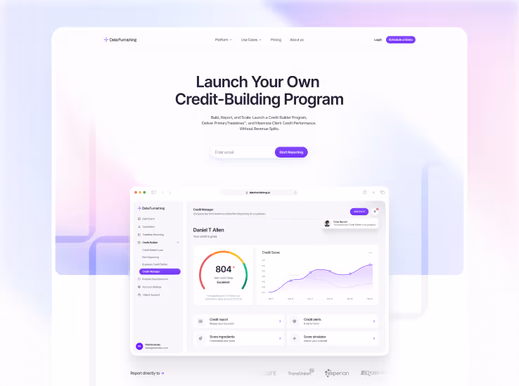 Website homepage showcasing a credit-building program with a dashboard displaying a credit score of 804, score trend graph, and navigation menu.