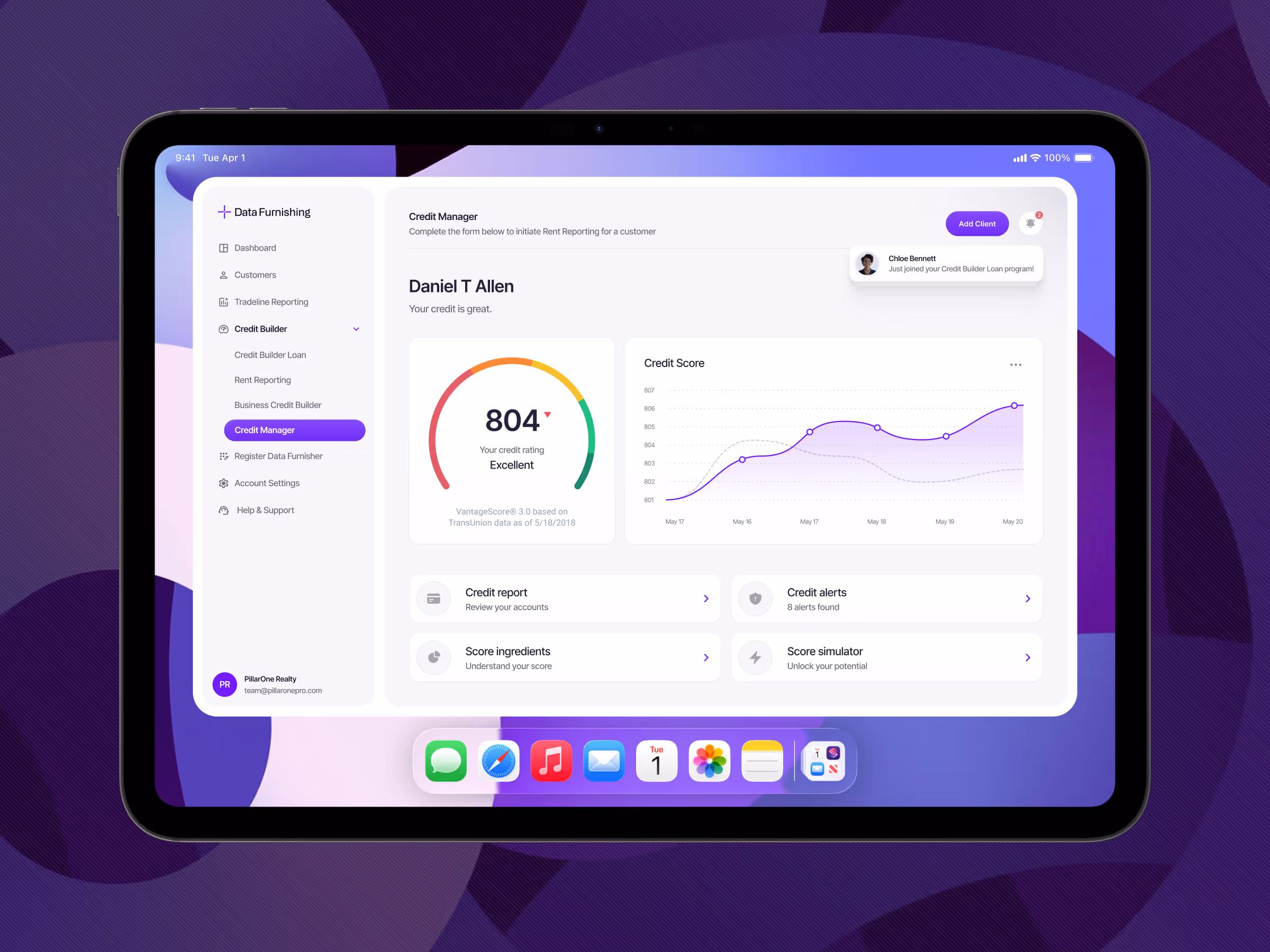 Tablet screen showing a credit management dashboard with a credit rating of 804 labeled Excellent and a credit score trend graph.