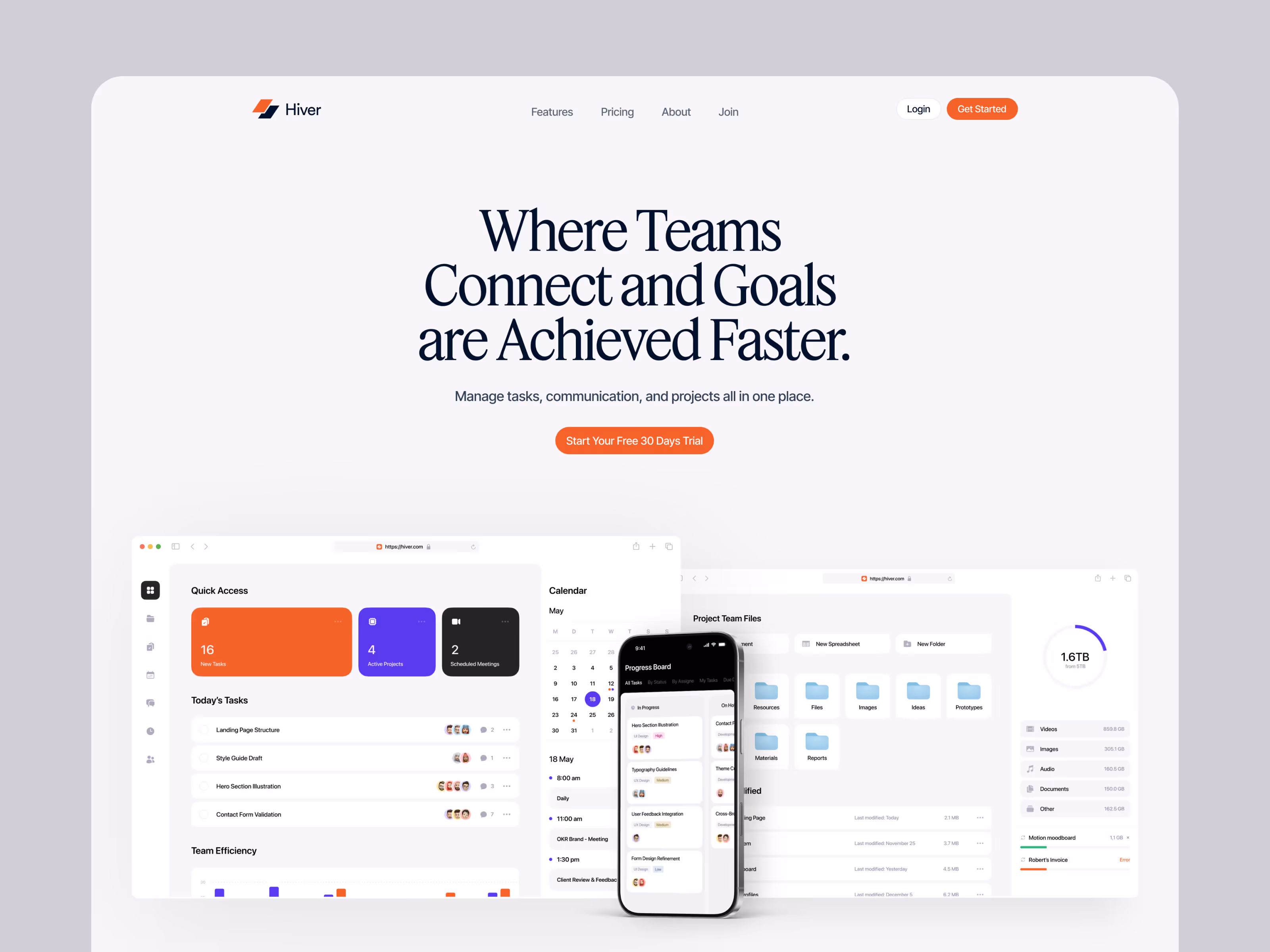 Hiver app homepage showing task and project management interface with calendar, team files, and progress board on mobile device.