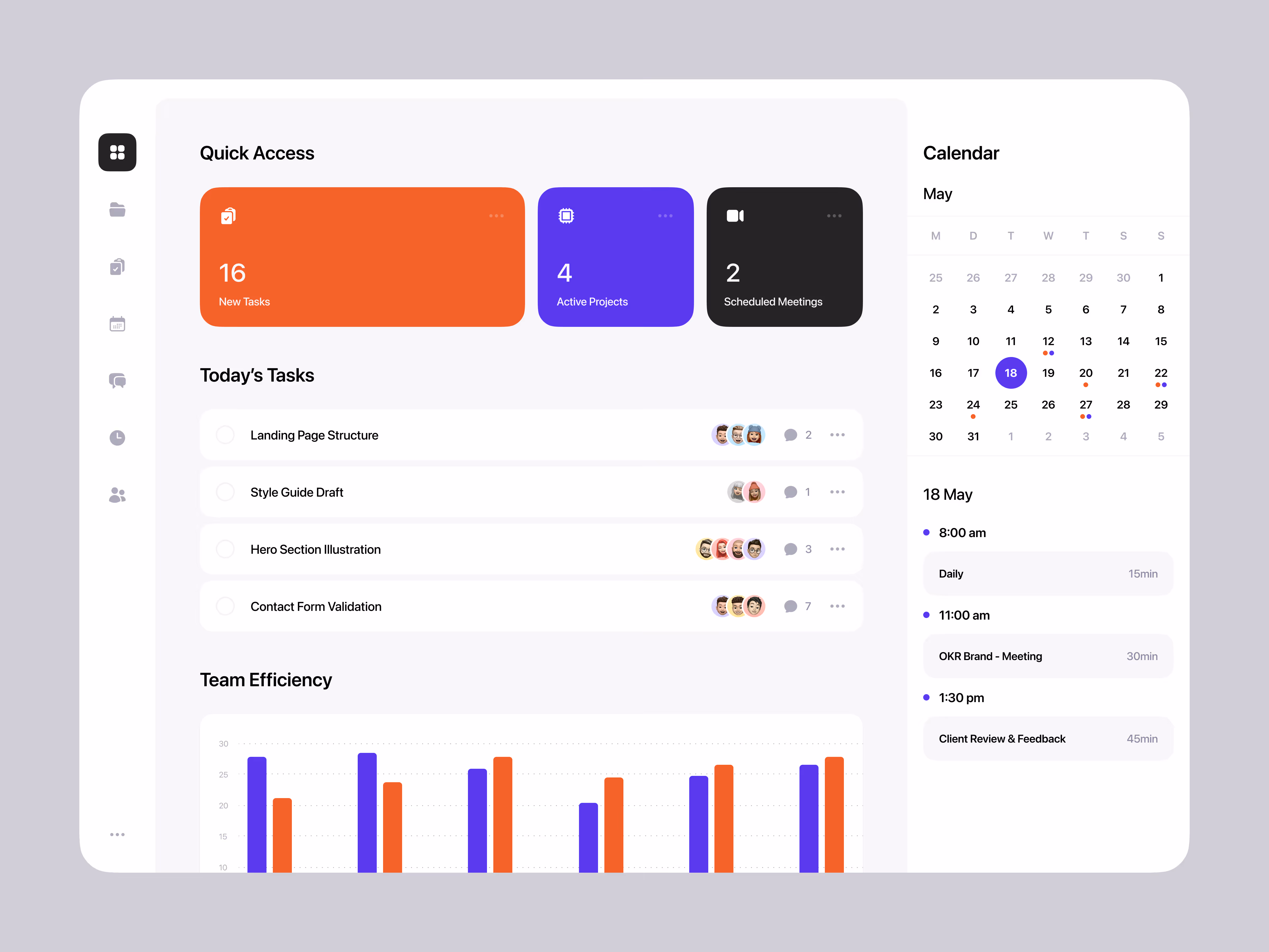 Project management dashboard showing quick access cards for new tasks, active projects, and scheduled meetings; list of today's tasks with assigned team members and comments; team efficiency bar chart; and calendar with scheduled events on May 18.