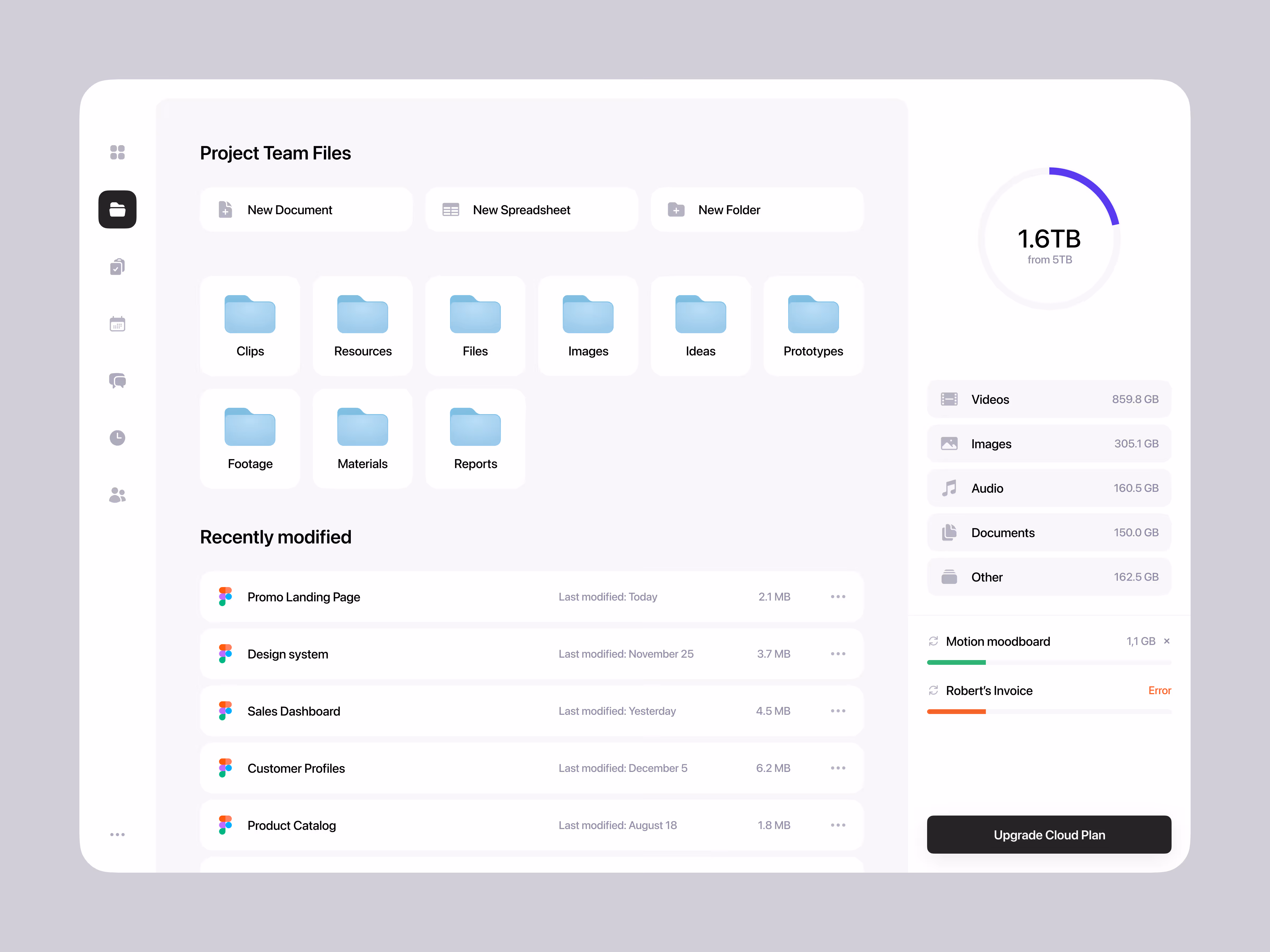 User interface of a cloud storage dashboard showing project team folders, recently modified files with file sizes and dates, storage usage of 1.6TB from 5TB, and options to upgrade cloud plan.