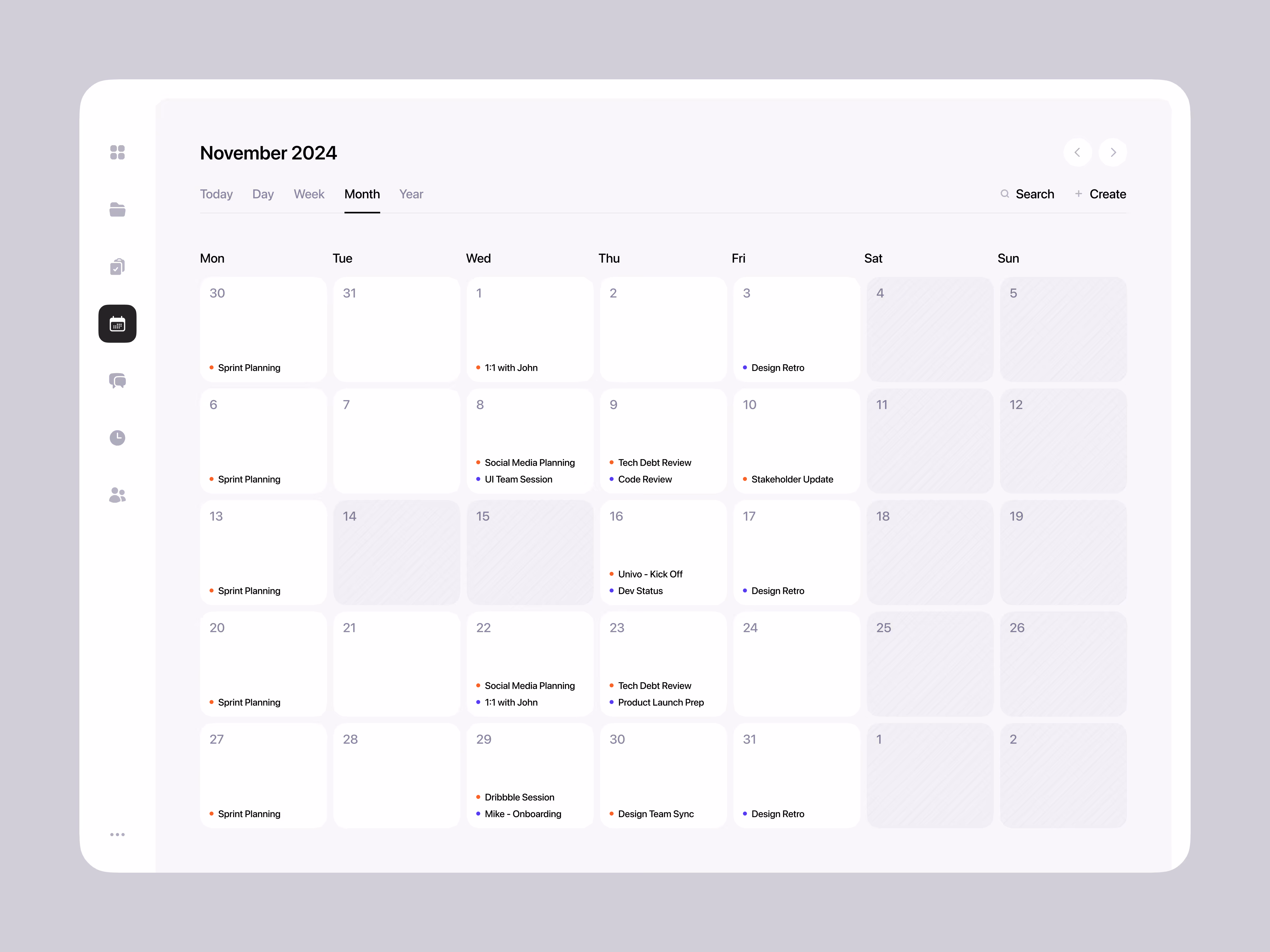 November 2024 calendar with weekly sprint planning, social media planning, design retrospectives, and tech reviews displayed in a digital interface.