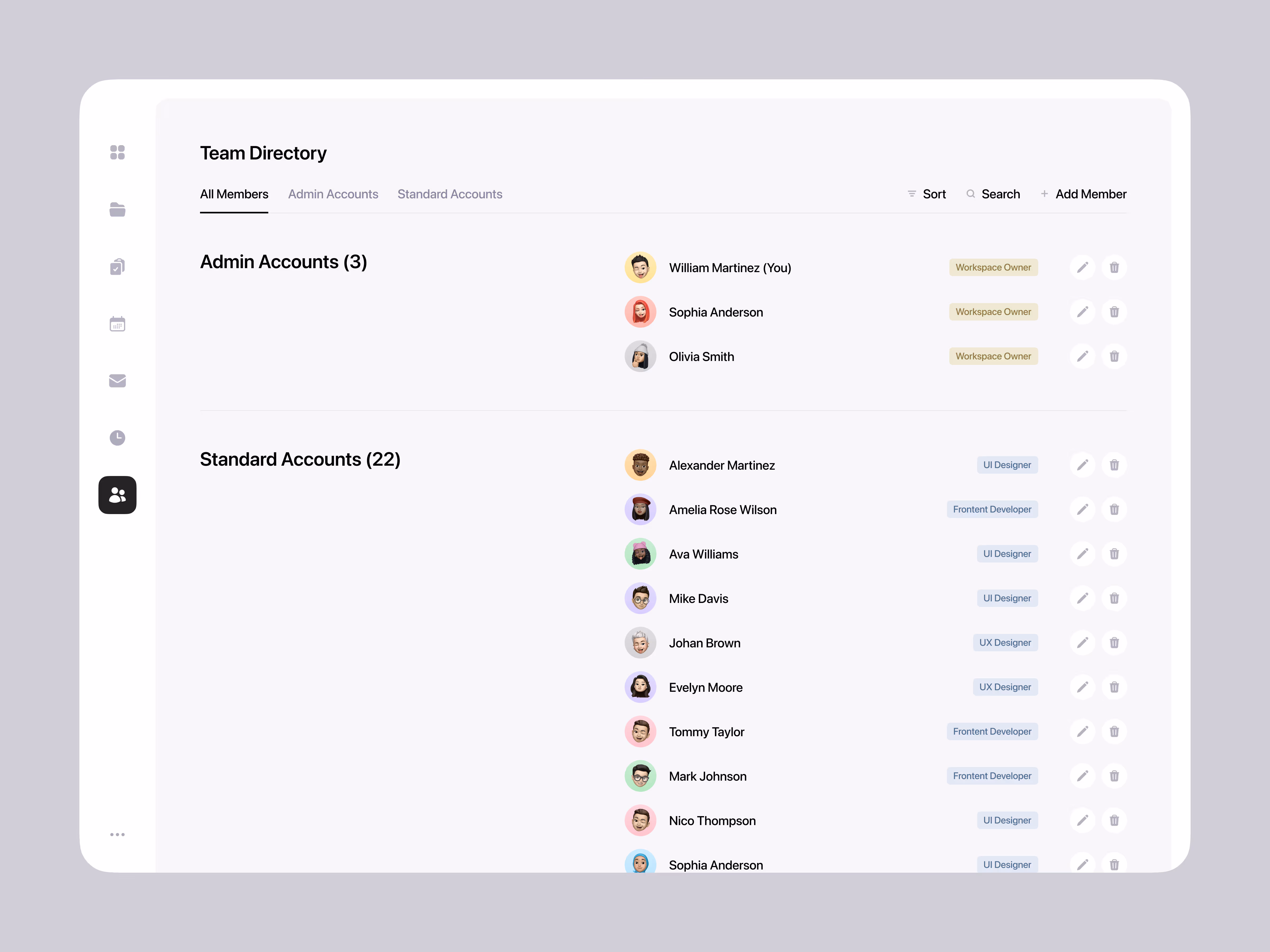 Team directory interface listing Admin Accounts with workspace owner labels and Standard Accounts with various roles like UI Designer and Frontend Developer, each with avatar icons and edit and delete options.