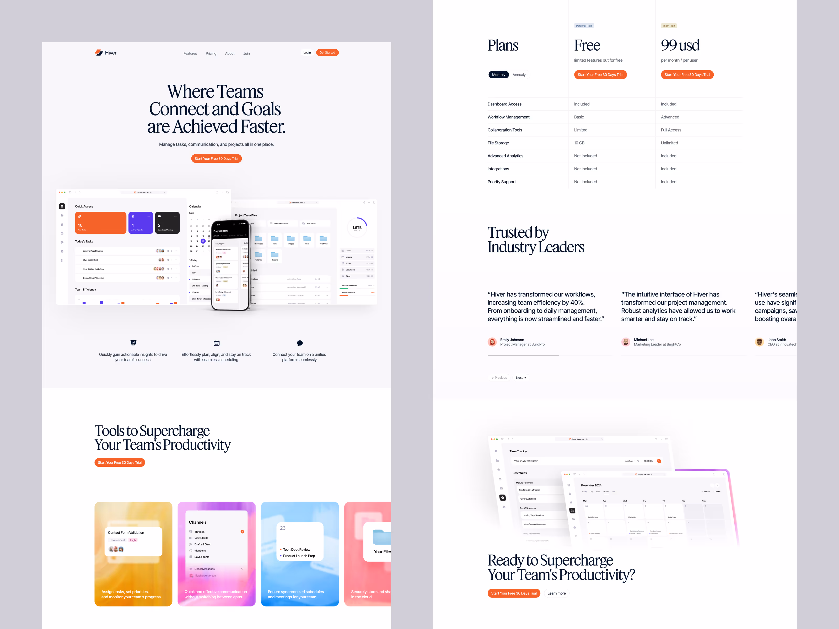 Desktop and mobile screens showing Hiver app dashboards with team productivity tools, pricing plans, and customer testimonials.