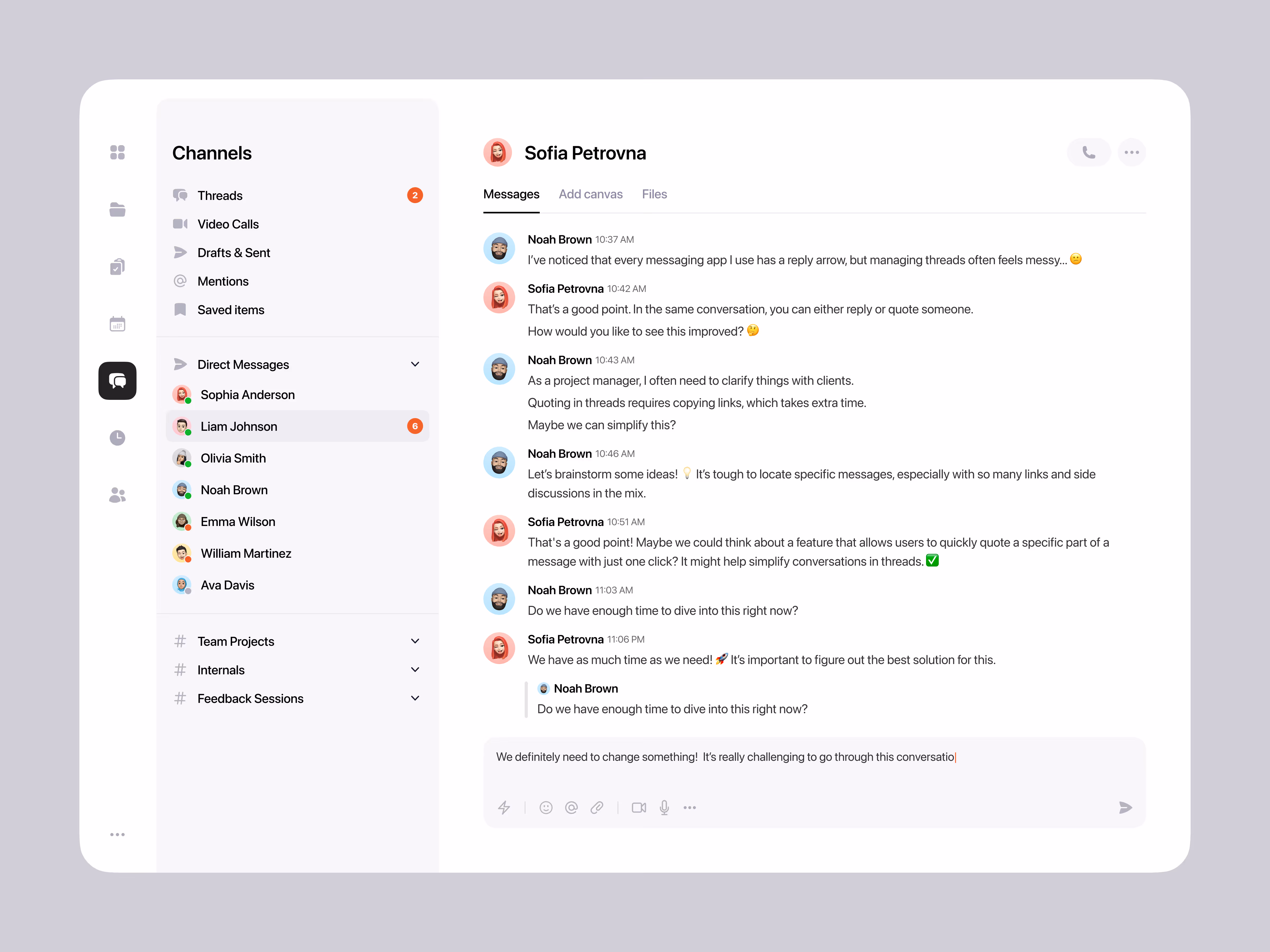 Messaging app interface showing a conversation between Noah Brown and Sofia Petrovna discussing improvements to managing threads and quoting messages.