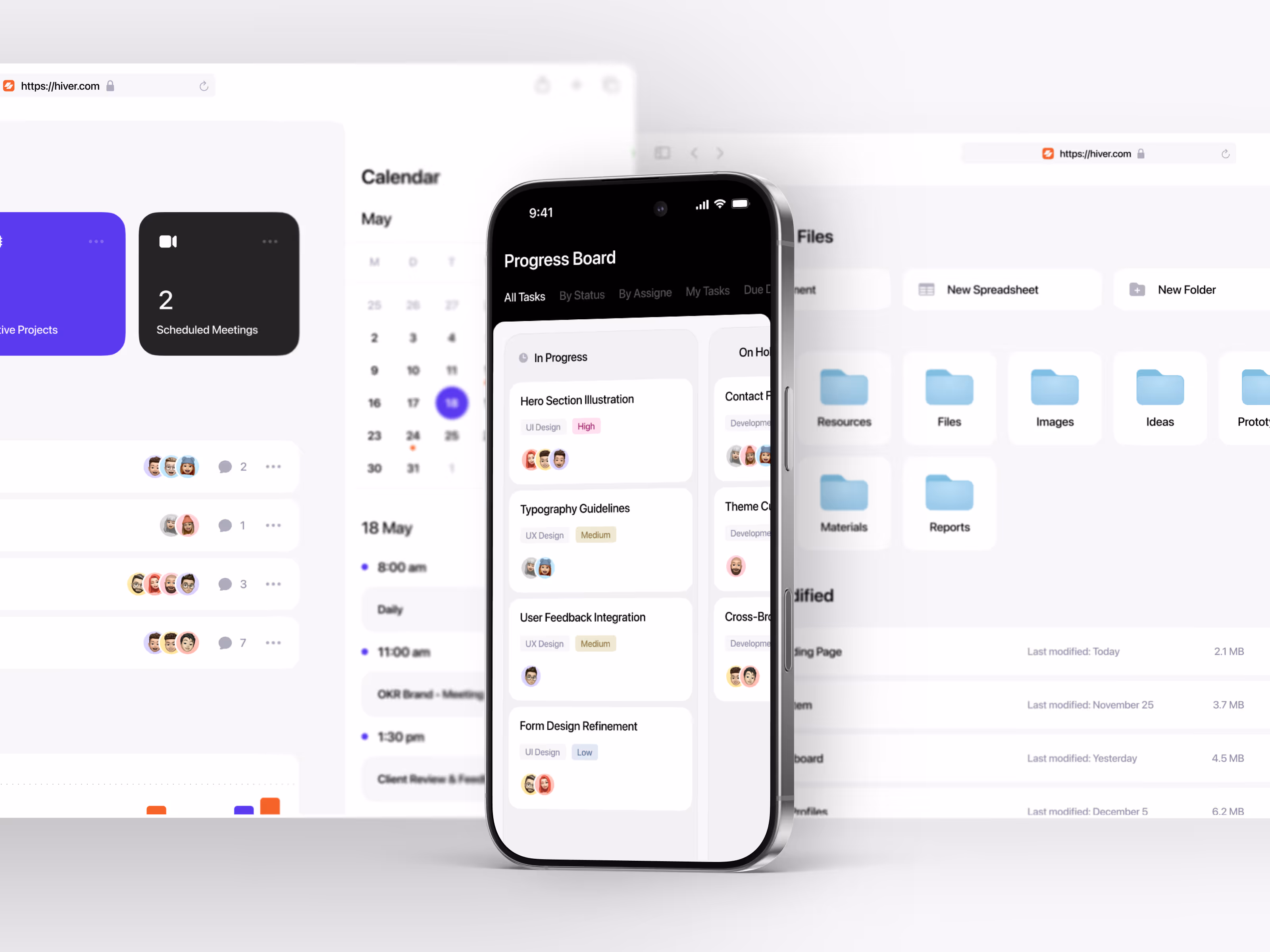Digital workspace showing a smartphone with a progress board app in dark mode and blurred project management dashboards in the background.