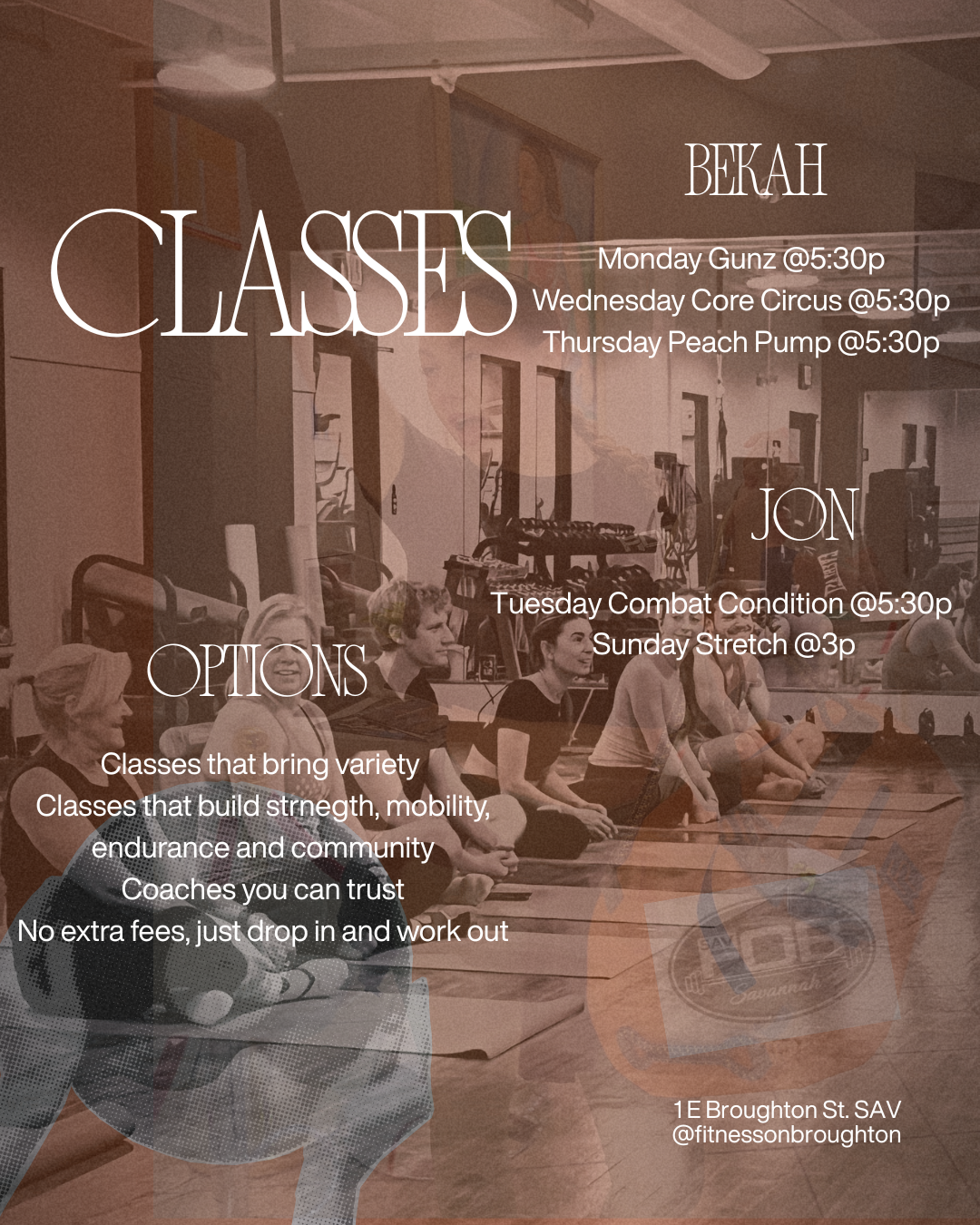Fitness On Broughton class schedule flyer, September 14-17, 5:30-7 PM