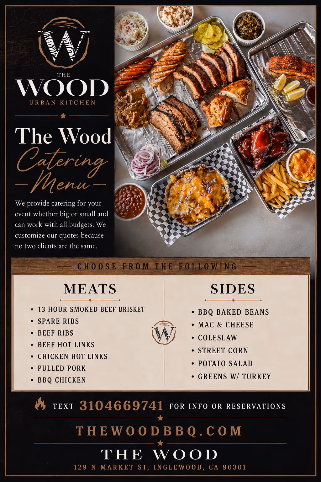 Catering menu with smoked meats, ribs, hot links, pulled pork, and sides like mac & cheese, potato salad, and greens.
