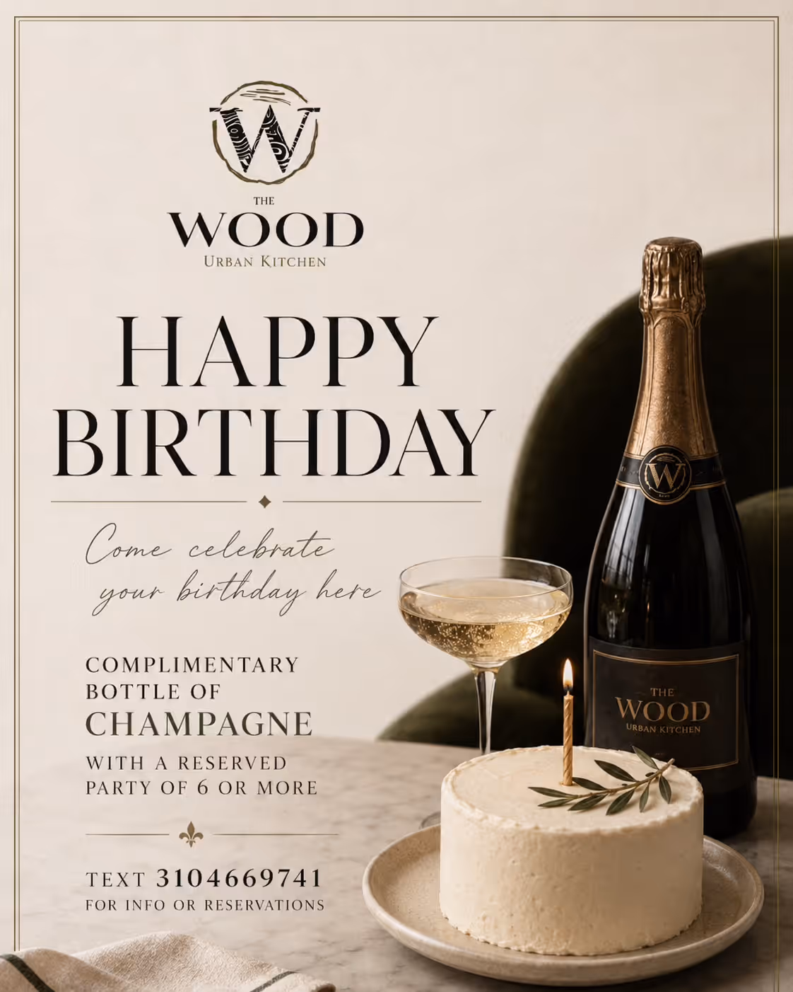 Birthday offer from The Wood Urban Kitchen: free champagne bottle with party of six or more, cake and glass shown.