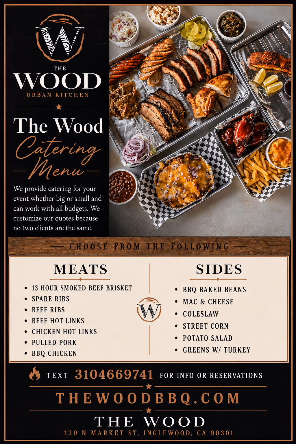The Wood Urban Kitchen catering menu with meats, sides, and photos of BBQ dishes and sides in trays.