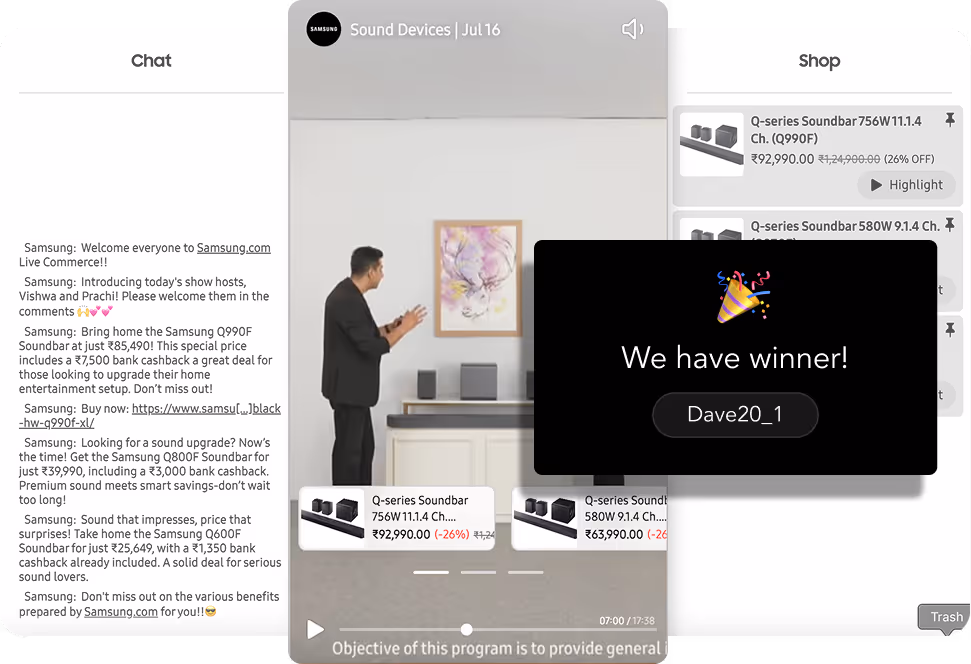 A livestream winner is announced through Firework's Video Showroom