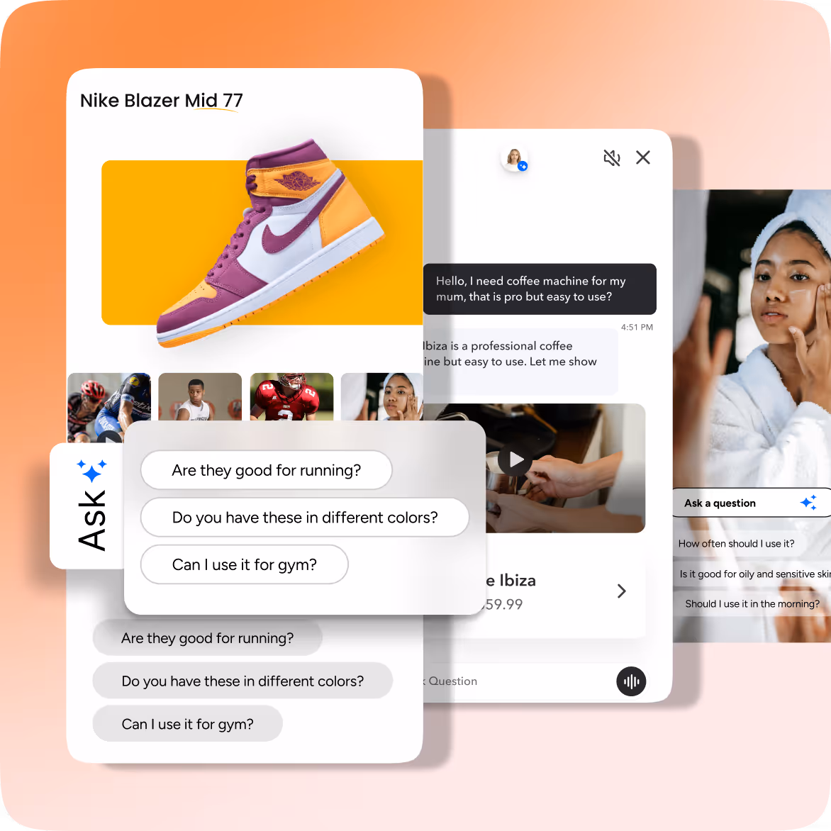 Interface showing a Nike Blazer Mid 77 sneaker in purple, white, and orange with chat bubbles asking about product features and usage.